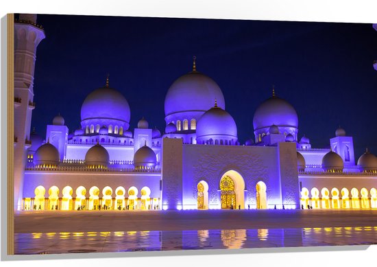 Hout - Sjeik Zayed-moskee in de Nacht in Abu Dhabi - 105x70 cm - 9 mm dik - Foto op Hout (Met Ophangsysteem)