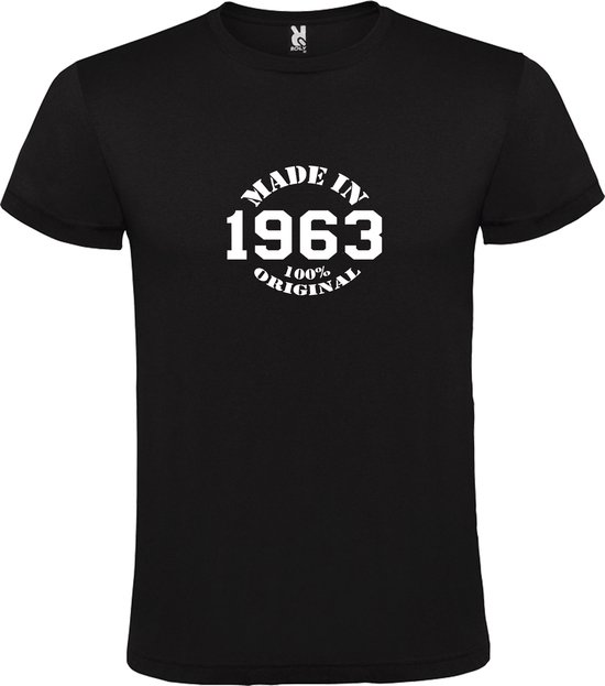Zwart T-shirt met witte tekst 'MADE IN 1963 100% ORIGINAL'.