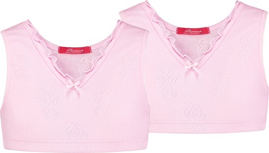 Sous-vêtements de luxe exclusifs Kinder Hanssop, Two Filles, Cotton Sport- T-shirts, tops de sport rose super doux, doublés, fabriqués dans un coton ajouré rose doux raffiné avec un nœud en velours rose assorti, taille 140