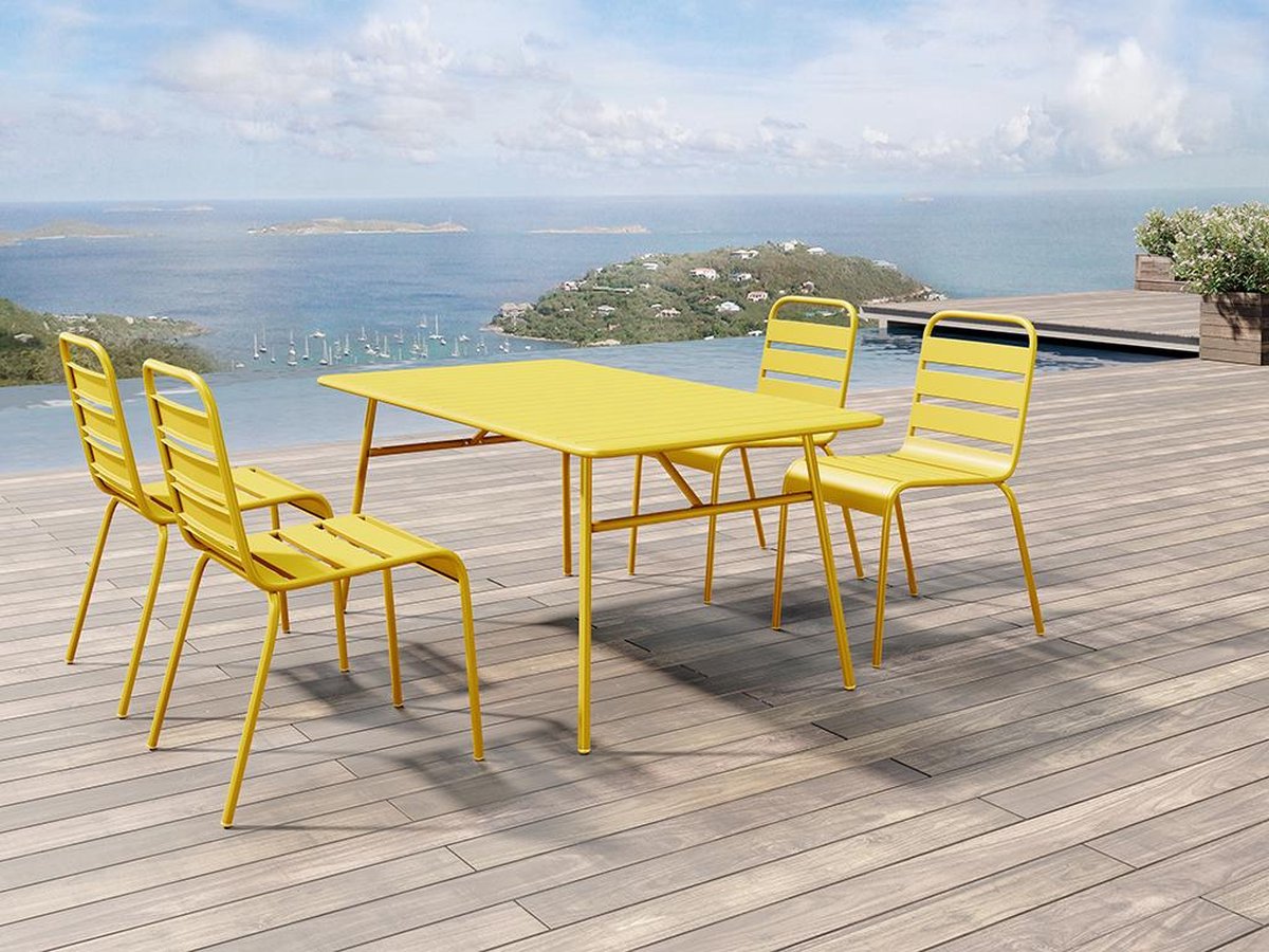 MYLIA Tuineetset MIRMANDE: tafel L.160 cm met 4 opstapelbare stoelen - Metaal - Geel L 160 cm x H 79 cm x D 80 cm
