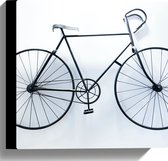 WallClassics - Canvas - Zwarte Fiets hangend tegen Witte Muur - 30x30 cm Foto op Canvas Schilderij (Wanddecoratie op Canvas)