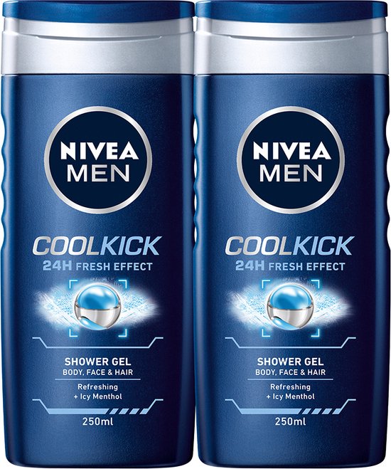 NIVEA MEN Cool Kick Douchegel - 3-in-1 Shower Gel - Voordeelverpakking - 2 x 250 ml