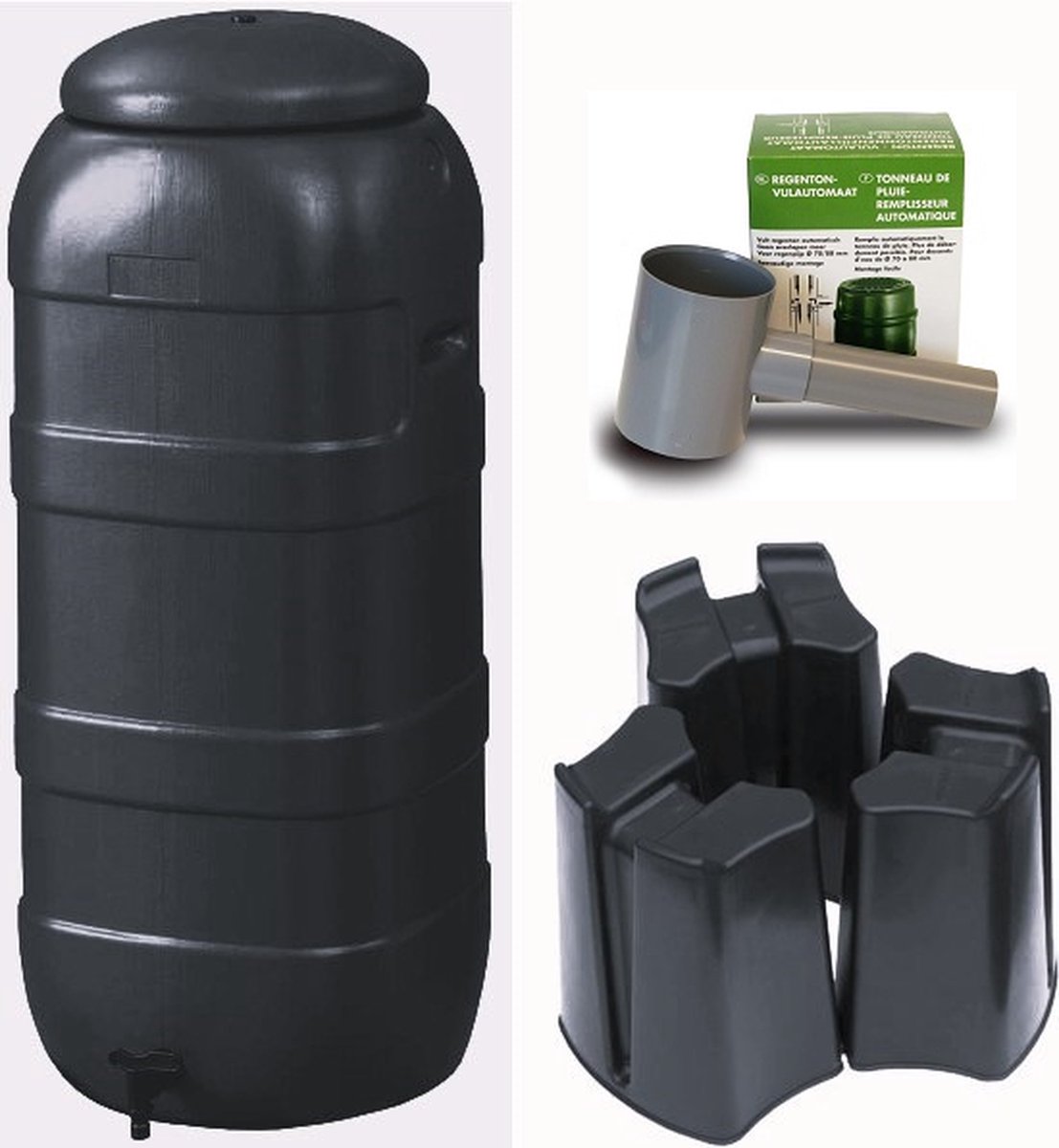 Kreher Regentonne mit Standfuß, Füllautomat und Wasserhahn - SCHWARZ ( – Kreher Technik