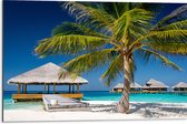 Dibond - Strandhuis op Zee - Malediven - 75x50 cm Foto op Aluminium (Met Ophangsysteem)