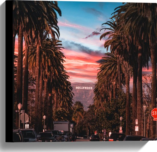 Canvas - Los Angeles Hollywood met Palmbomen - 40x40 cm Foto op Canvas Schilderij (Wanddecoratie op Canvas)