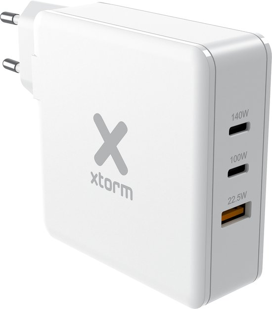 Xtorm / 140W Oplader - Laptopadapter - Smartphone en Laptop Lader - USB C - 2x USB-C PD + 1x USB-A output - Macbook Lader - USB-C PD GaN lader - Wit