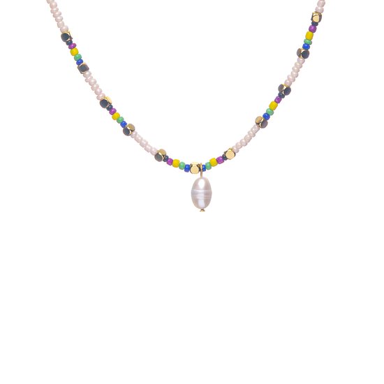 CO88 Collection 8CN- Perles Collier de Perles Miyuki 45cm - Crème Multi Couleurs - 40+5cm - Epaisseur 2.2mm - Pendentif Perle 10x7mm - Acier - Doré