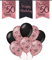 50 Jaar Verjaardag Decoratie Versiering - Feest Versiering - Vlaggenlijn - Ballonnen - Man & Vrouw - Rosé en Zwart