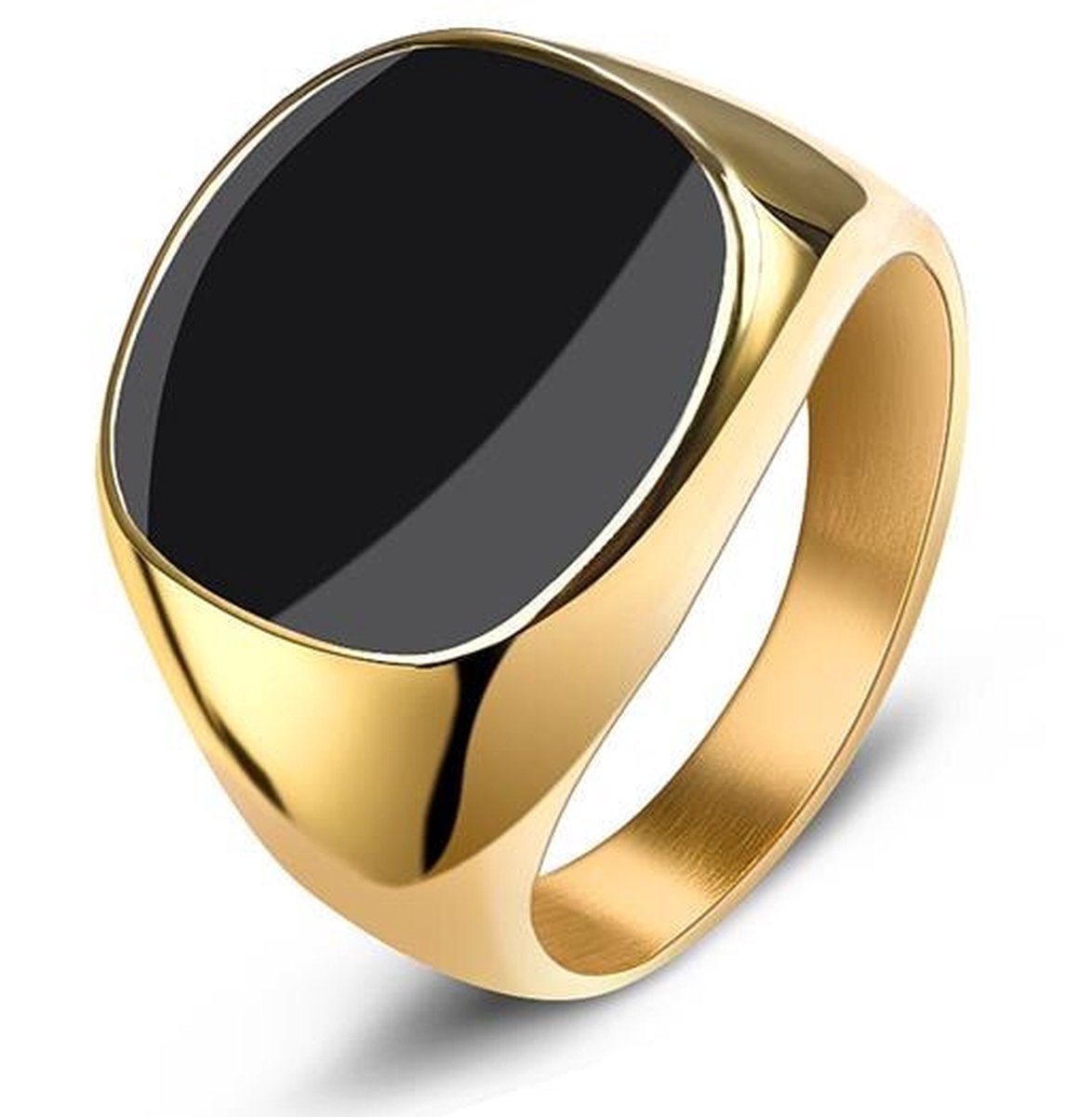 Zegelring Heren Goud kleurig met Zwarte Steen - Staal - Ring Ringen Mannen - Papa Cadeau Voor Mannen - Vaderdag