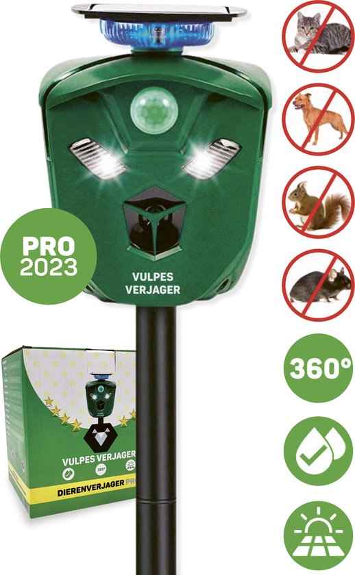 Vulpes Verjager® Ultrasone Kattenverjager op zonneenergie - Kattenschrik - Marterverjager - Waterdicht, 360° bescherming & 20m bereik - Afweermiddel voor Vogels, Katten, Muizen etc.