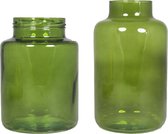 Set van 2 bloemenvazen - groen transparant glas - 20 x 15 cm en 25 x 15 cm