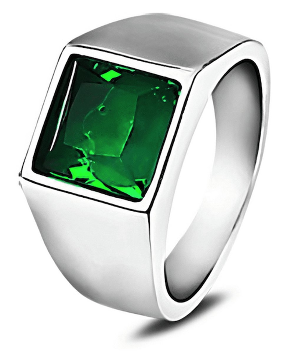 Zegelring Heren Zilver kleurig met Groene Steen - Staal - Ring Ringen - Papa Cadeau Voor Mannen - Vaderdag
