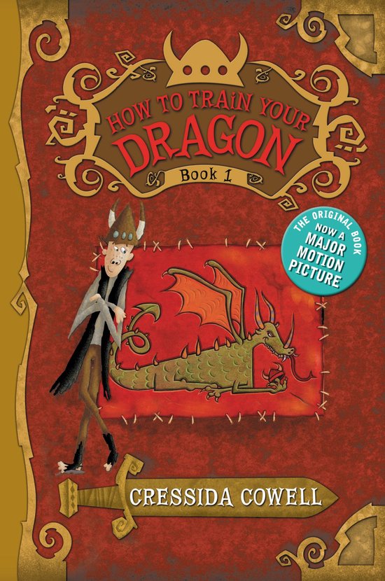 La couverture du livre 'How to Train Your Dragon' Livre 1, avec un Viking et un dragon vert.