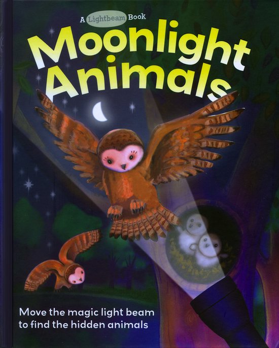 Boek 'Moonlight Animals' met een uil die vliegt en twee baby-uiltjes in een lichtbundel. Tekst: 'Move the magic light beam to find the hidden animals'.
