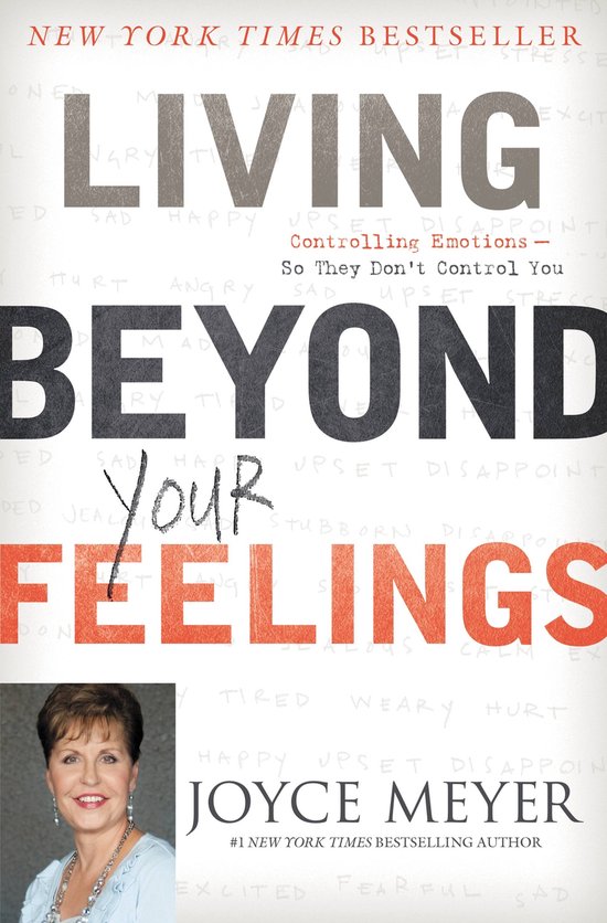 Livre "Living Beyond Your Feelings" avec le texte "Controlling Emotions - So They Don't Control You" et une photo de Joyce Meyer.