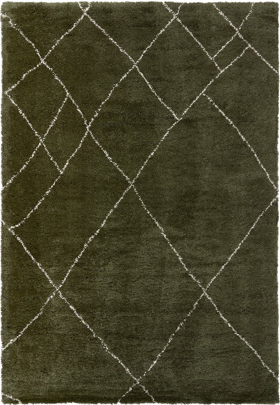 Hoogpolig Berber vloerkleed - Lines - Groen/Crème - 160x230cm - Dikke Kwaliteit - Mrcarpet