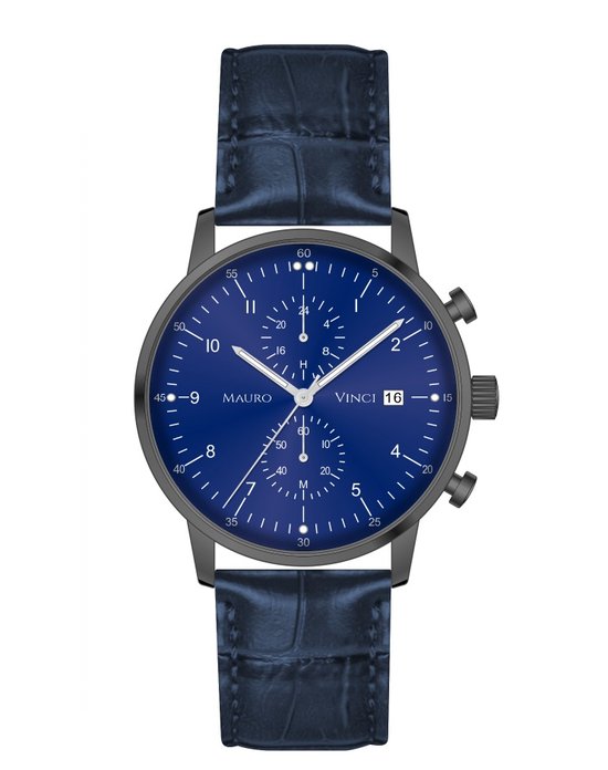 Montre homme bleu noir - Mauro Vinci Gunmetal noir - Blauw - Cuir Blauw avec boîte de rangement en cuir - Montre Business line 420 en acier avec mouvement japonais