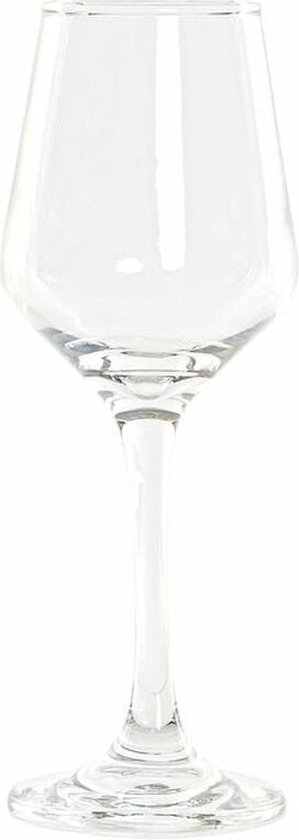 Een leeg, transparant champagneglas op een voet.