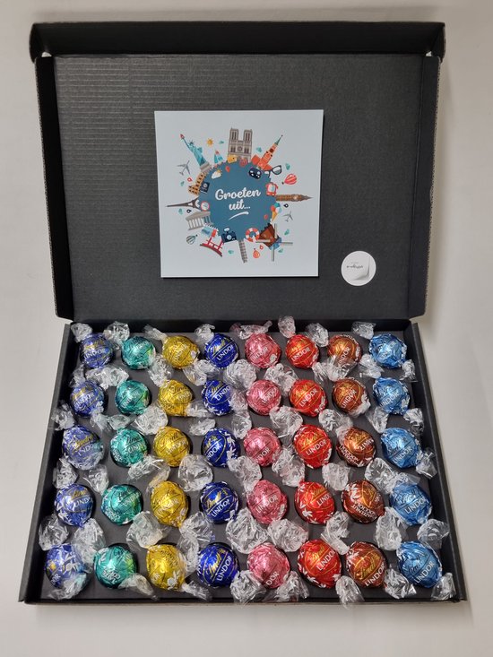 Chocolade Ballen Proeverij Pakket Groot | 40 stuks Lindt chocolade met Mystery Card 'Groeten Uit...' met persoonlijke (video)boodschap | Chocoladepakket | Feestdagen box | Chocolade cadeau | Valentijnsdag | Verjaardag | Moederdag | Vaderdag