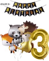 Snoes Ballonnen Plus nummer ballon 3 Jaar Set Bosdieren Pakket – Dieren Feestpakket Cijferballon 3 - Kinderverjaardag Versiering