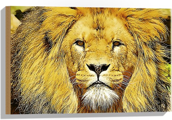 WallClassics - Hout - Bruin Gele Leeuw - 60x40 cm - 9 mm dik - Foto op Hout (Met Ophangsysteem)