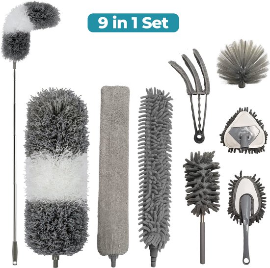 NovaBeau Plumeau met Telescoopsteel – Microvezel Ragebol Uitschuifbaar - 9-delig Duster Set met Voegenborstel – RVS Stoffer – Grijs Chenille Borstel – Wasbaar en Draaibaar