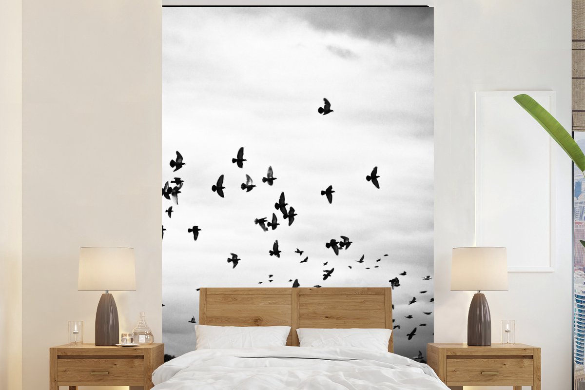 Behang - Fotobehang Dieren - Vogels - Wolken - Zwart - Wit - Breedte 195 cm x hoogte 300 cm