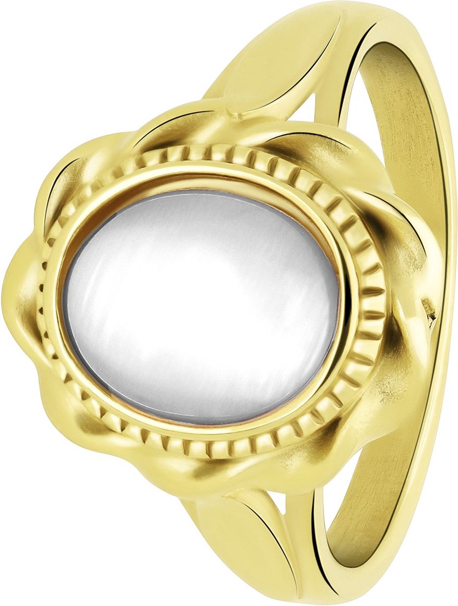 Lucardi - Dames vintage ring met bloem wit – Maat 57 – 18mm - Ring - Cadeau - Staal goldplated - Goudkleurig