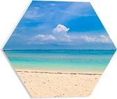 PVC Schuimplaat Hexagon - Wit Strand met Helderblauwe Oceaan - 40x34.8 cm Foto op Hexagon (Met Ophangsysteem)