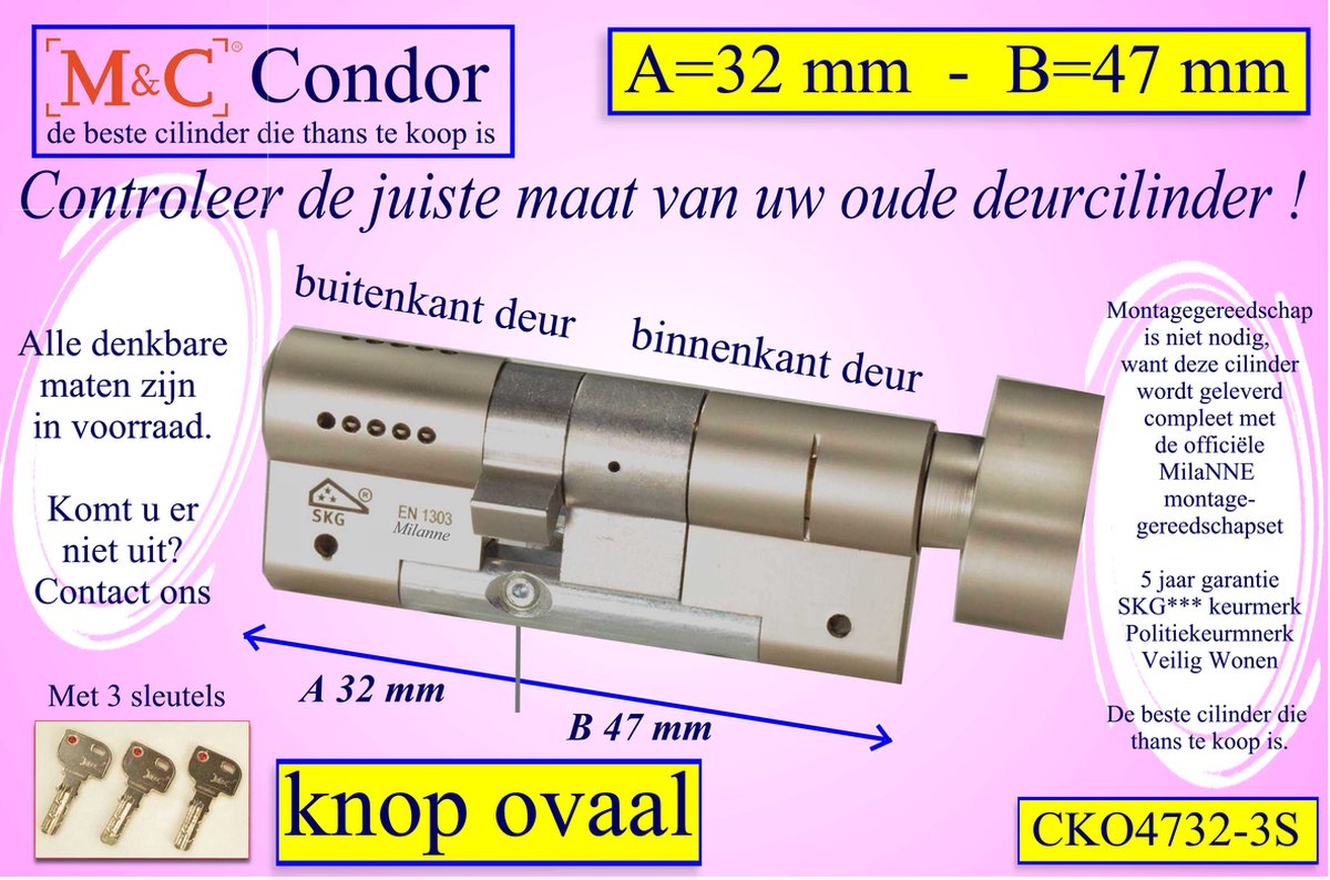 M&C Condor high security deurcilinder met Knop OVAAL 47x37 mm met 3 sleutels - SKG*** - Politiekeurmerk Veilig Wonen - inclusief MilaNNE gereedschap montageset