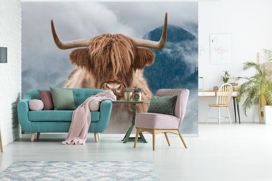 Papier peint - Papier peint photo peint Highlander écossais - Brouillard - Montagnes - Largeur 320 cm x hauteur 240 cm