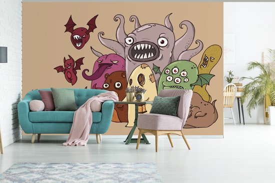 Papier peint Papier peint photo en vinyle - Monstres absurdes avec un garçon effrayé largeur 360 cm x hauteur 240 cm - Tirage photo sur papier peint (disponible en 7 tailles)