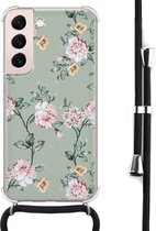 Hoesje met koord - Geschikt voor Samsung Galaxy S22 - Bloemetjes - Verstelbaar zwart koord - Crossbody - Bloemen - Transparant, Groen - Leuke Telefoonhoesjes