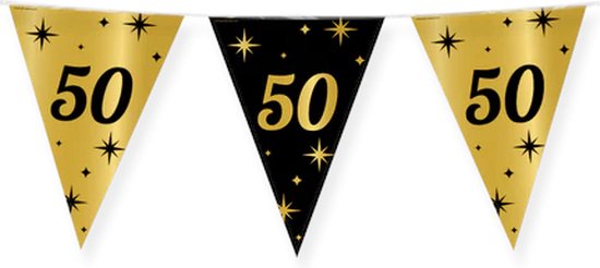 Verjaardag Versiering Pakket 50 jaar Zwart en Goud - Ballonnen Goud & Zwart (12 stuks) - Vlaggenlijn Goud Zwart 10 meter (3 stuks) - Vlaggenlijn Abraham Sarah 50 jarige - Vlaggetjes Slinger Verjaardag 50 Birthday - Birthday Party Decoratie (50 Jaar) - Merkloos