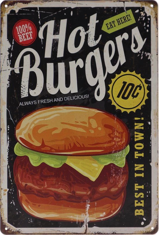 Wandbord – Hot Burgers - Hamburger – Vintage - Retro - Wanddecoratie – Reclame bord – Restaurant – Kroeg - Bar – Cafe - Horeca – Metal Sign - Pin Up Girl - 20x30cm