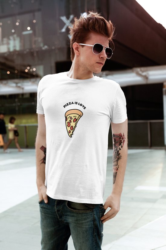 Shirt - Pizza is love - Wurban Wear | Grappig shirt | Dieet | Unisex tshirt | Fast food | Airfryer | Sport | Verwenpakket | Wit & Zwart