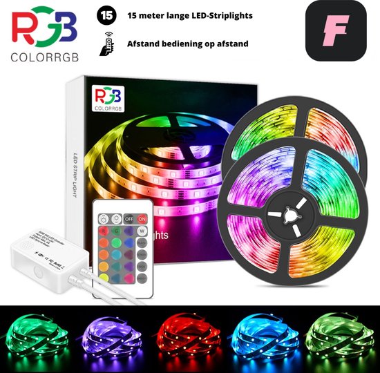 Fusion Tech - Bande LED - 15 mètres - RBG SMD5050 - 20 couleurs - Télécommande incluse - Autocollant - 12 LED par m - Bande lumineuse LED - Lumières LED - Bandes LED