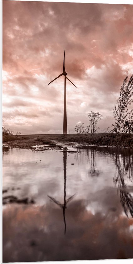 PVC Schuimplaat- Windmolen tussen de Wolken vanaf Kikkerperspectief - 50x100 cm Foto op PVC Schuimplaat