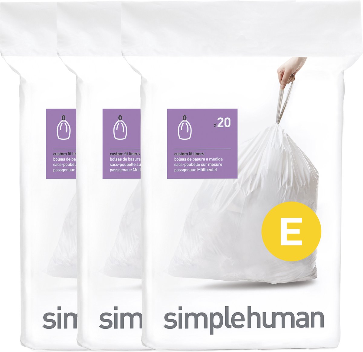 Simplehuman Code E Afvalzakken - 20 liter - 60 stuks - met Trekband - Wit