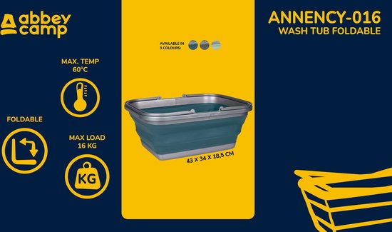 Blauwe opvouwbare wasbak van Abbey Camp, 16 L, 43 x 34 x 18,5 cm. Verkrijgbaar in 3 kleuren.