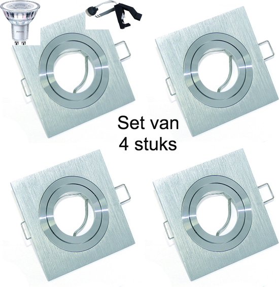 Spotjes inbouw met ledlamp set van 4 stuks 230 Volt - Spotjes plafond vierkant. Verstelbaar met dimbare ledlamp kleur 2700K - 230Volt inbouwspot met GU10 ledlamp 2700K. Op deze inbouwspot met ledlamp heeft u 5 jaar garantie