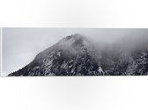 PVC Schuimplaat - Hoge Berg met Bomen tussen de Mist - 60x20 cm Foto op PVC Schuimplaat (Met Ophangsysteem)