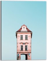 Dibond - Hoog Smal Roze Gebouw onder Blauwe Lucht met Verkeersborden - 30x40 cm Foto op Aluminium (Wanddecoratie van metaal)