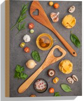 Hout - Houten Lepels tussen Italiaanse Pasta Ingrediënten - 30x40 cm - 9 mm dik - Foto op Hout (Met Ophangsysteem)