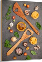 Hout - Houten Lepels tussen Italiaanse Pasta Ingrediënten - 80x120 cm - 9 mm dik - Foto op Hout (Met Ophangsysteem)