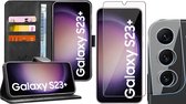 Hoesje geschikt voor Samsung Galaxy S23 Plus - Screenprotector GlassGuard & Camera Lens Screen Protector - Book Case Leer Pasjeshouder Zwart