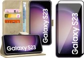 Hoesje geschikt voor Samsung Galaxy S23 - Screen Protector FullGuard - Book Case Leer Pasjeshouder Goud & Screenprotector