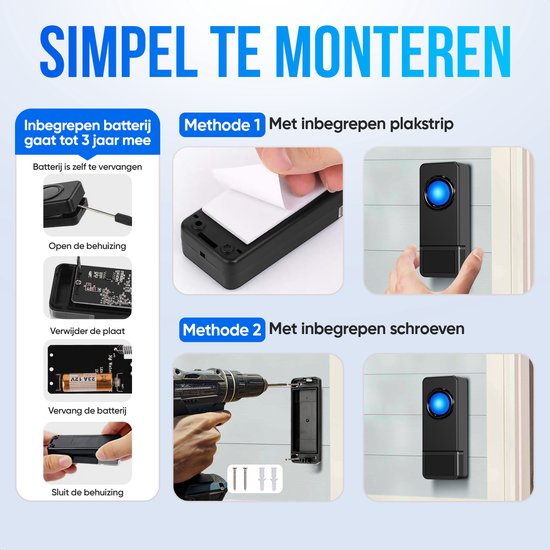 Instructies voor het monteren van de deurbel met plakstrip of schroeven. Batterij vervangen van de zender.