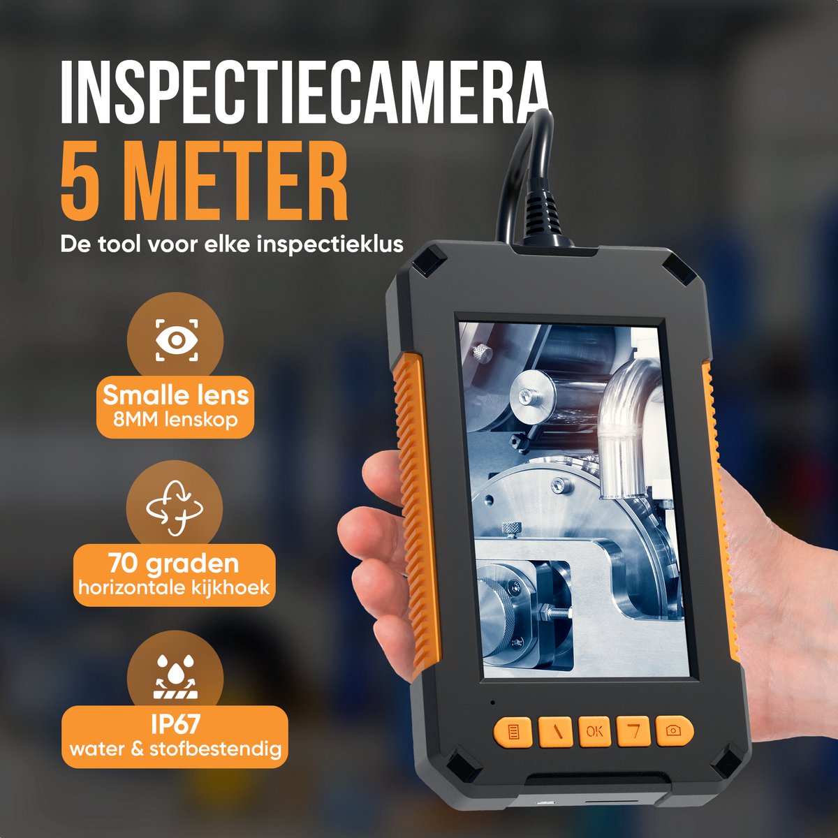 Hopefox Endoscoopcamera met licht, 4,3 inch IPS-scherm, industriële endoscoop, IP67 waterdichte inspectiecamera, 1080p HD, buiscamera met 8 leds, kanaalcamera met 10 m halfstijve kabel