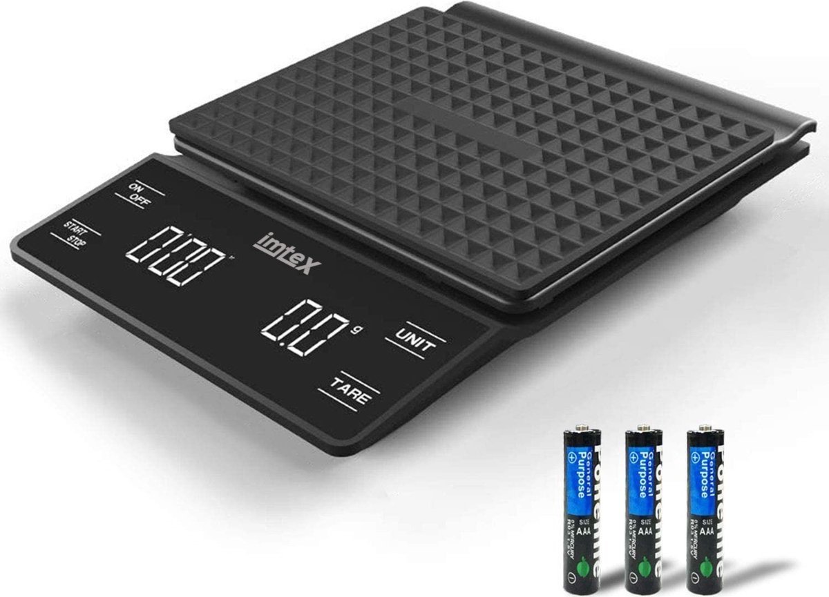 IMTEX Elektronische Koffie Schaal - Precisie Keuken Rosteren Schaal 0.1g - Tijd Display LED Display 3000g Schaal - met 3 x AAA Batterij - Zwart
